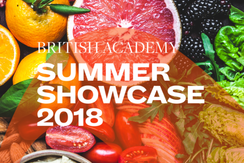 Summer Showcase 2018 translucent branding and typography over an image of various fruit
