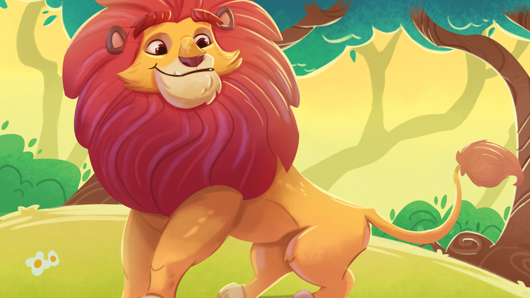 Cartoon lion among trees