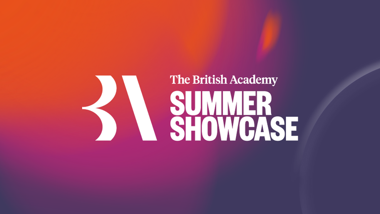 White text displaying the British Academy logo next to the words 'Summer Showcase' in all-caps, in front of an orange, blue and purple background