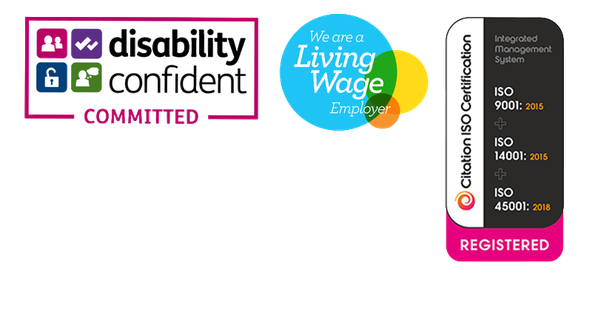 Accreditations badges for Disability Confident, Living Wage and ISO Certification