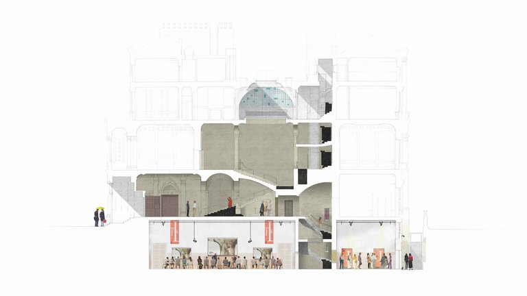 Artist's impression of a cross section of a grand tall building with activities taking place in the lower floors